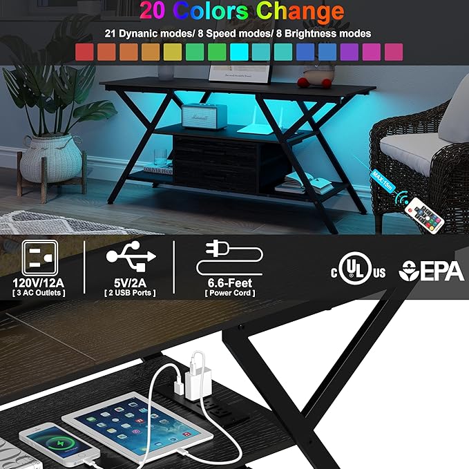 TV Stand with Power Outlet and LED Lights, Fits TVs up to 65”, 2 Fabric Drawers Entertainment Center with Open Storage Shelves, Media Console for Living Room, Bedroom (Charcoal Black)