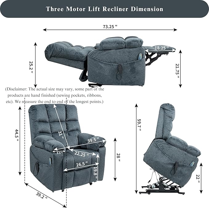 3-Motor Lift Chair with Adjustable Seat Height Zero Gravity Lay Flat Recliner with Heat Massage - Flip Arm Storage Cup Holders - Power Lift Recliner for Elderly – Big Tall 400 lbs (Slate Blue)