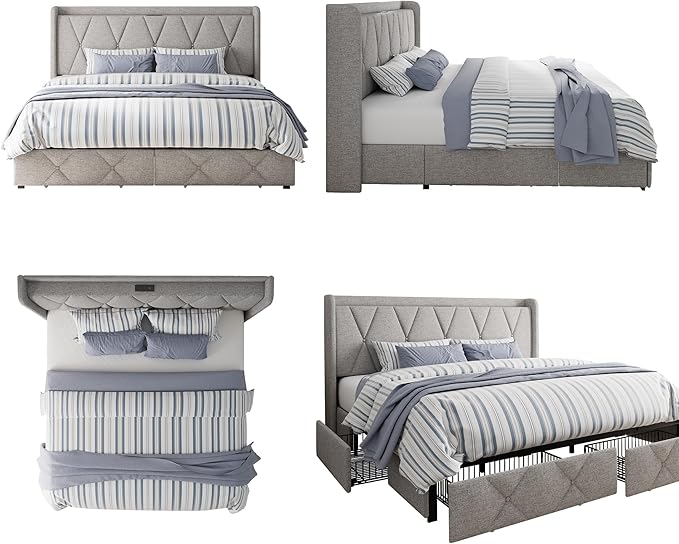 King Size Bed Frame with 4 Storage Drawers, Upholstered Platform Bed with Charging Station, Modern Wingback Storage Headboard, Easy Assembly,Noise-Free, Light Gray