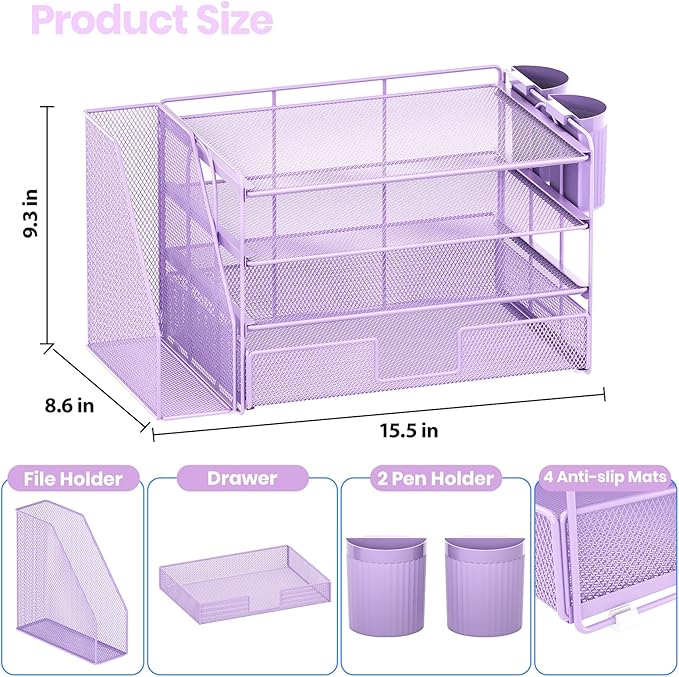 Desk Organizer and Accessories, 4-Tier Desktop File Organizer with Drawer and 2 Pen Holders, Office Desk Accessories for Office Supplies(Purple)