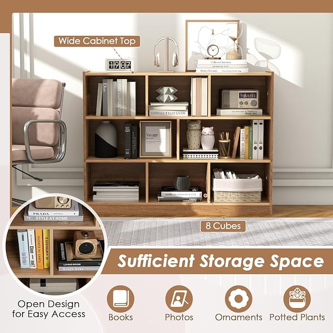 Toy Storage Organizer, 3-Tier Kids Bookshelf, 8 Cube Kids' Bookcases, Cabinets & Shelves, Wooden Toy Organizers, Small Book Shelf for Bedroom, Playroom, Classroom, Nursery (Natural)