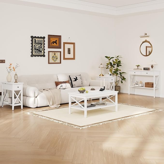 ChooChoo White Coffee Table Classic X Design for Living Room, Rectangular Modern Cocktail Table with Storage Shelf, 39 Inch