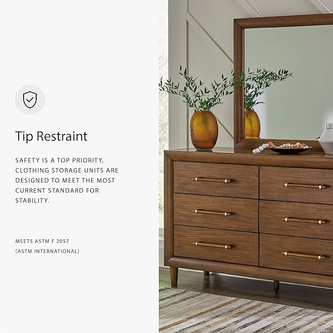Signature Design by Ashley Lyncott Mid-Century Modern 6-Drawer Dresser and Mirror with Safety Stop and Felt-Lined Top Drawer, Light Brown
