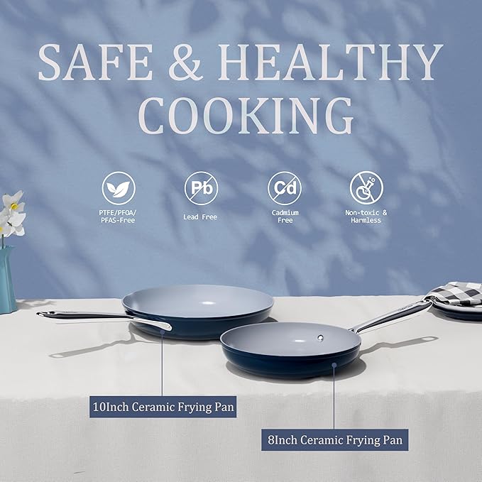 Nonstick Ceramic Frying Pan 8 Inch for Induction Cooktop - Non Toxic PTFE/PFOA/PFAS Free, Oven & Dishwasher Safe up to 500°F - Non Stick Small Egg Skillet with Stay-Cool Handle - Navy Blue