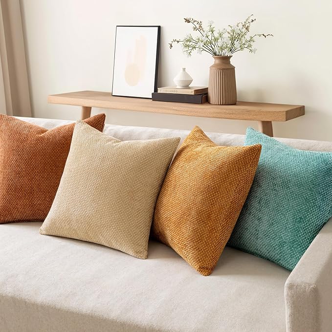 MIULEE Pack of 4 Orange/Teal Couch Throw Pillow Covers 18x18 Inch Yellow Green Soft Decorative Chenille Pillows Farmhouse Accent Cushions for Boho Home Decor Spring Sofa Bedroom Living Room