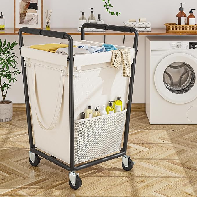 Laundry Basket with Wheels & Handles, 180L Laundry Cart with Removable Bag & Metal Frame for Clothes Storage, Laundry Room Organization Rolling Hamper with Wheels For Laundry, Dorm (Beige)