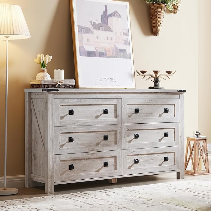 T4TREAM Farmhouse 6 Drawers Dresser for Bedroom, Wood Rustic Wide Chest of Drawers, Storage Dressers Organizer for Bedroom, Living Room, Hallway, Antique Brush White