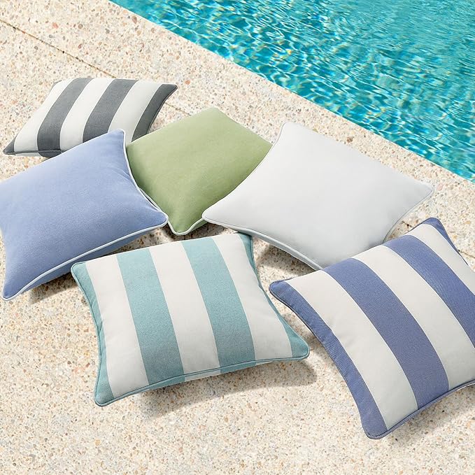 Decorative Outdoor Water Repellent Throw Pillows with Inserts, Set of 4, 18" x18" Pillows for Patio, Backyard, Bed, Couch, and Patio Furniture, Turquoise Stripe