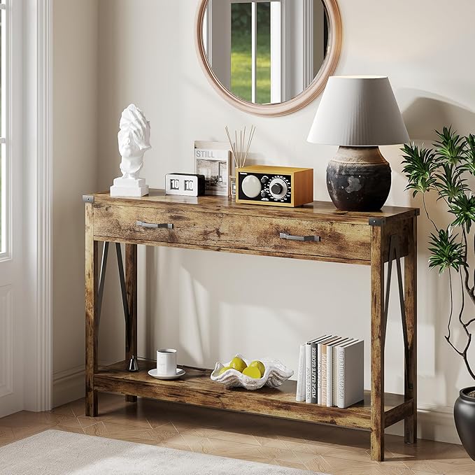 ChooChoo 47'' Farmhouse Console Table with Drawer, Entryway Table with Storage Shelf, Rustic A-Design Sofa Table for Hallway, Entrance, Living Room, Rustic Brown