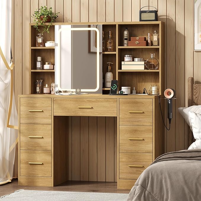47'' W Large Vanity Desk with Mirror and Lights, 8 Storage Shelves 7 Drawers Vanity Table, Big Makeup Vanity Desk with 3 Lighting Modes, Vanity Dresser with Charging Station, Sliding Mirror (Natural)