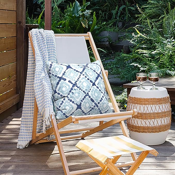 Outdoor Throw Pillow Covers 18”x18”, Decorative Pillow Covers for Patio Furniture, Modern Cushion Cases for Garden Couch Home Sofa Bed Office Chair, Pack of 2, Boho Geometry Blue