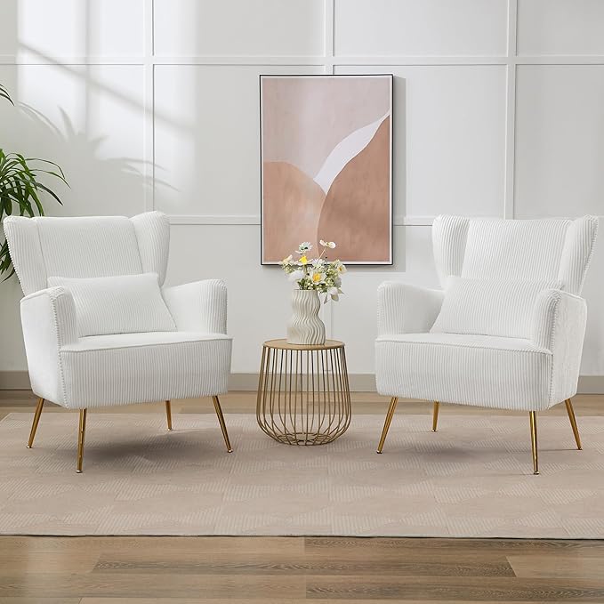 Living Room Chairs Corduroy Accent Armchair with Lumbar Pillow & Gold Leg, 8.5" Thick Cushion, Mid Century Modern High Wingback Bedroom Chairs Upholstered Comfy Sofa Arm Chair, White