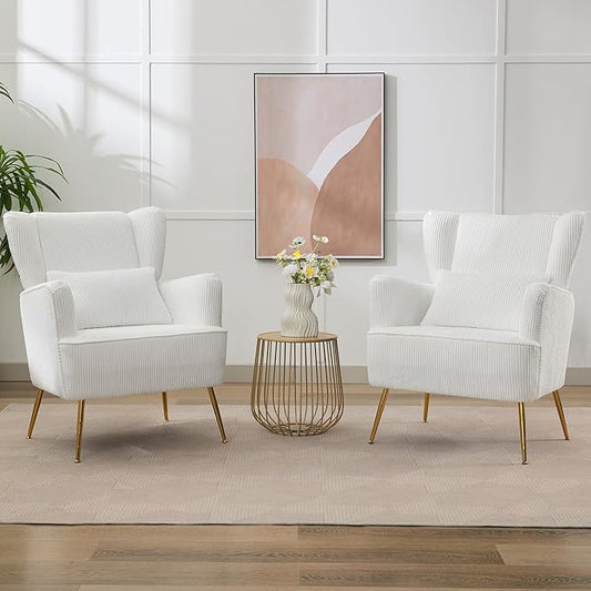 Living Room Chairs Corduroy Accent Armchair with Lumbar Pillow & Gold Leg, 8.5" Thick Cushion, Mid Century Modern High Wingback Bedroom Chairs Upholstered Comfy Sofa Arm Chair, White