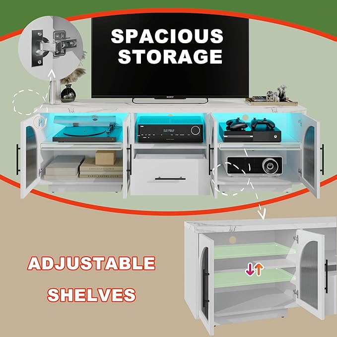 70" TV Stand for 75 Inch TVs, Modern Entertainment Center with LED Lights and Arched Glass Doors, Faux Marble Wood Finish, Adjustable Shelves, TV Cabinet for Living Room, White