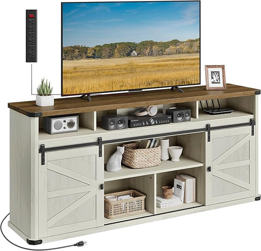 VASAGLE TV Stand for TVs up to 75 Inches, Farmhouse Entertainment Center with Sliding Barn Doors, Console Table for Living Room, Rustic White and Honey Brown ULTV323W02