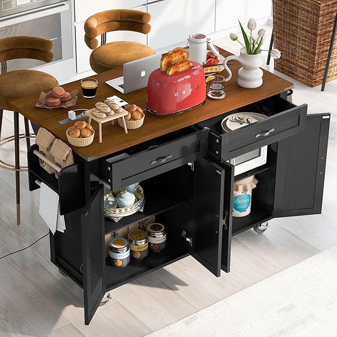 Merax 53.5" Upgraded Kitchen Cart Island on Wheels with Power Outlet,Drop Leaf,Farmhouse Wood Frame Storage Cabinet for Dining Room