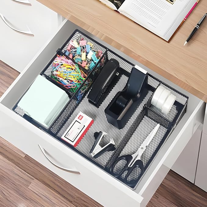 Black Office Desk Accessories, Black Office Supplies Set, Desk Drawer Organizer,Stapler and Tape Dispenser Set,Tape,Staple Remover, Staples, Paper Clips, Scissor and Sticky Note (Black)