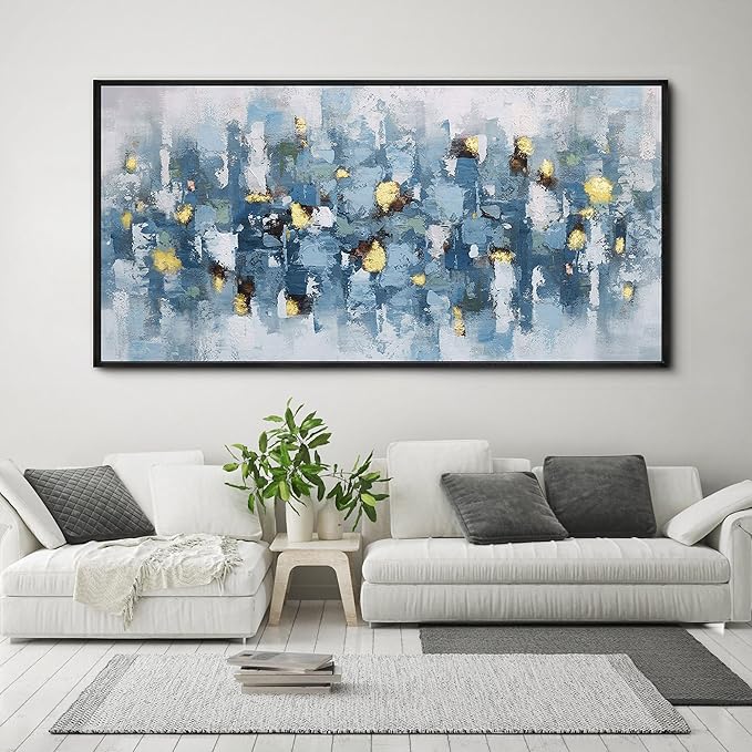 KLAKLA Blue and White Abstract Wall Art - Living Room Wall Decor Gold Picture Artwork for Walls Prints Paintings Framed Canvas Bedroom Office Guest Room Home Decoration 58x29 Inches
