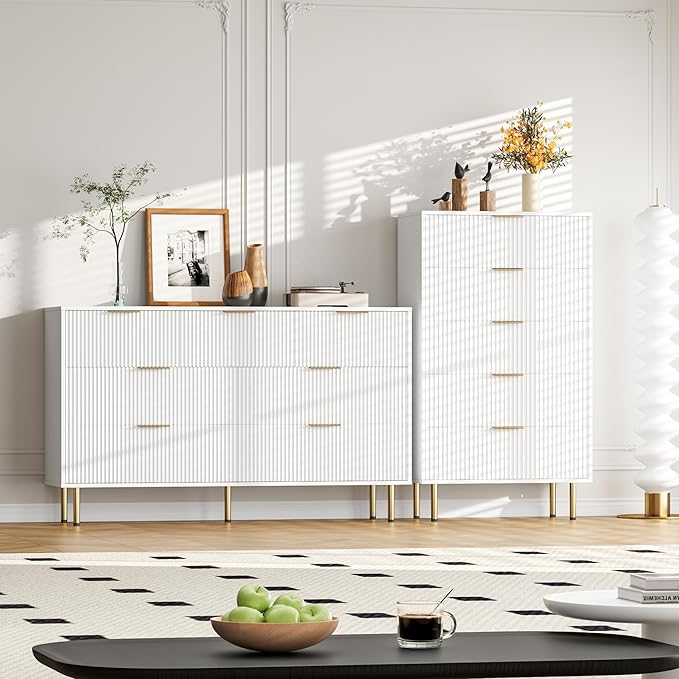 Fluted Wood Dresser 5 Drawers Dresser for Bedroom, Modern White Tall Dressers with Gold Handle, Wood Drawer Organizer for Bedroom, Living Room, Hallway, Entryway