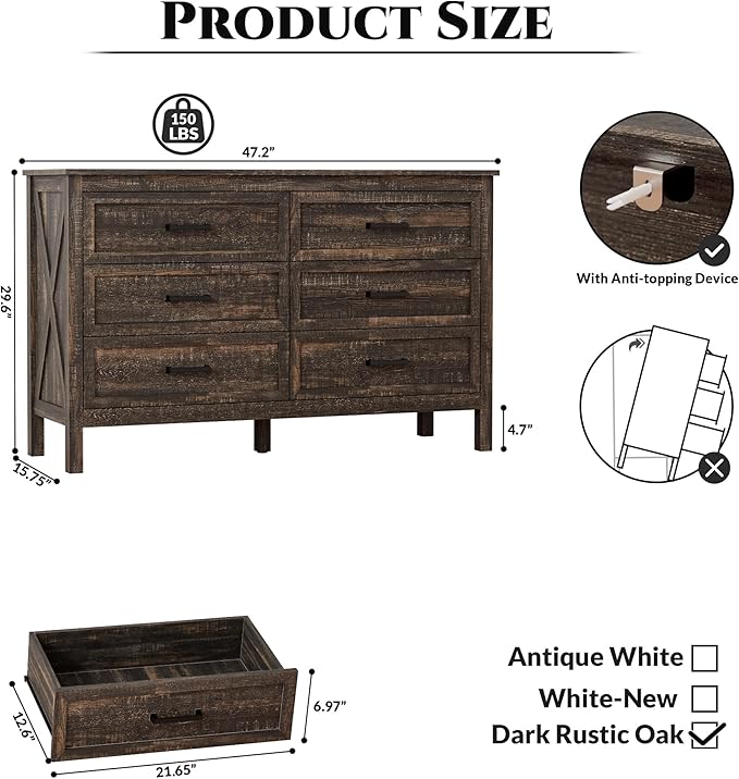 LYNSOM Farmhouse 6 Drawers Dresser for Bedroom, Wood Rustic Wide Chest of Drawers with Deep Drawers, Metal Handle, Storage Dressers Organizer for Living Room, Entryway, Dark Rustic Oak