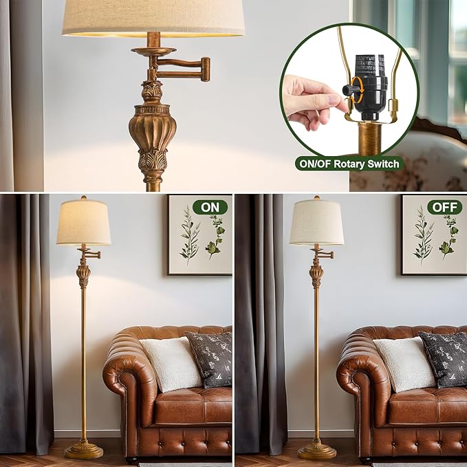 61" Vintage Floor Lamp with 350° Adjustable Swing Arm, Gold Standing Lamp for Bedroom Living Room Nightstand Bedside Retro Farmhouse Mid Century Lamp Light Home Décor Office Gifts