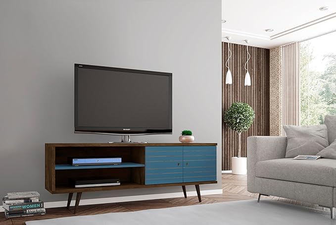 Manhattan Comfort Liberty Mid Century Modern TV Stand for Televisions up to 60 Inches, Bedroom and Living Room Entertainment Center with Storage, Shelves, and Cabinet, 63" Wide, Rustic Brown/Aqua
