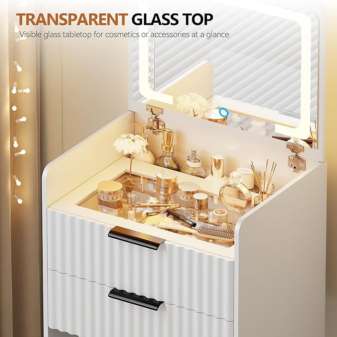 LED 3 in 1 Vanity Desk with Flip Top Mirror, Small Makeup Table with Glass Desktop, Compact Dressing Table with Storage and Cushioned Stool with Wheels, 3 Drawers, for Bedroom White