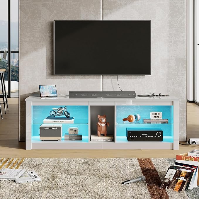 Bestier White TV Stands for Living Room, High Gloss Gaming TV Stand with Power Outlet, Modern Entertainment Center for Bedroom,LED TV Stand for 55/60/65 Inch TV, 55 Inch TV Console Table with Shelves