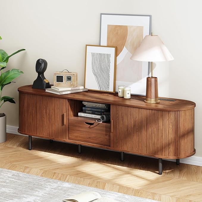 69" TV Stand with Power Outlet for TVs up to 80", Entertainment Center with Storage and Drawer, TV Console with Adjustable Shelves and Sliding Door, TV Stand for Living Room, Bedroom, Walnut