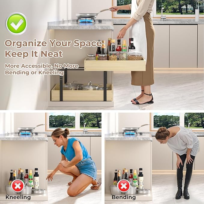 COOLBEBE Pull Out Cabinet Organizer, 2 Tier Soft Close Pull Out Drawers for Cabinets, 20" W x 21" D Wood Cabinet Drawers Slide out, Pull Out Shelves in Kitchen, Pantry, Bathroom