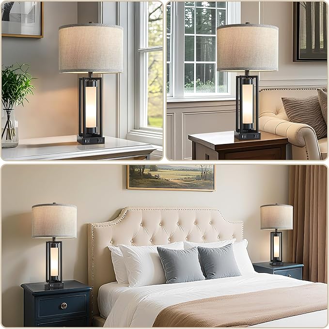 RORIANO Set of 2 Modern Table Lamps for Living Room with USB C+A Ports, Rustic Nightstand Lamp with White Night Light, Retro Desk Lamp for Bedroom End Table Entryway, 4 Bulb Included (Black)