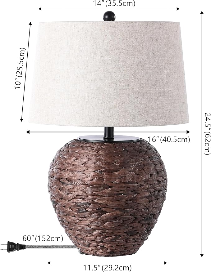 JONATHAN Y JYL6501B Alaro 24.5" Farmhouse Coastal Water Hyacinth Basket LED Table Lamp for Bedroom, Living Room, Office, Dark Brown