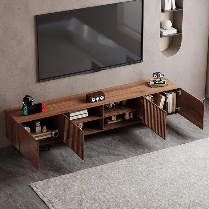 94.48″ Mid Century Modern Walnut TV Stand with Grille Doors, Storage Cabinets,Entertainment Center for TVs Up to 80",Media Console for Living Room or Bedroom