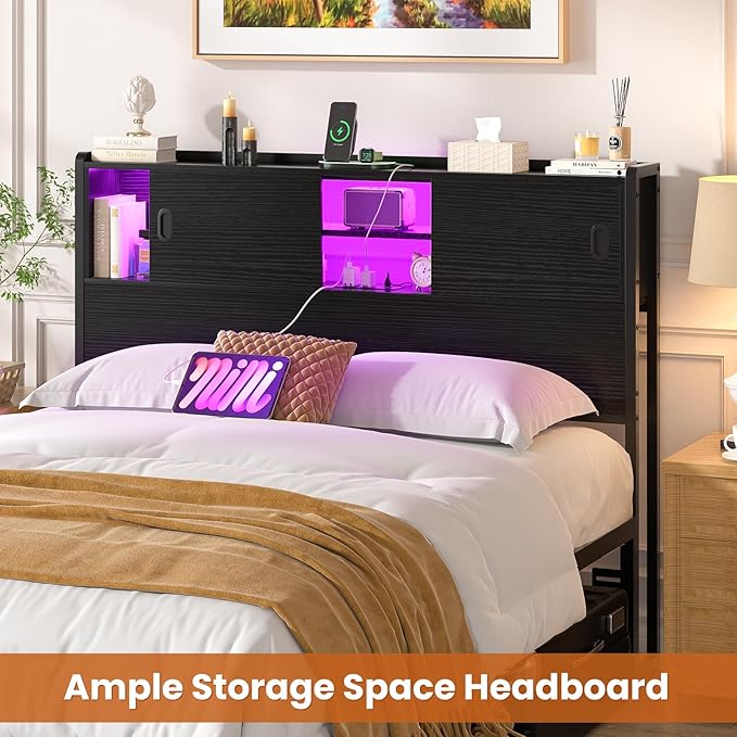 Homieasy Headboard for Full Size Bed with Storage, Sturdy Bookcase Headboards with Outlet, USB & LED Light, Full Size Headboard Only, Head Board with Sliding Doors & Bed Adapter for Bedroom, Black