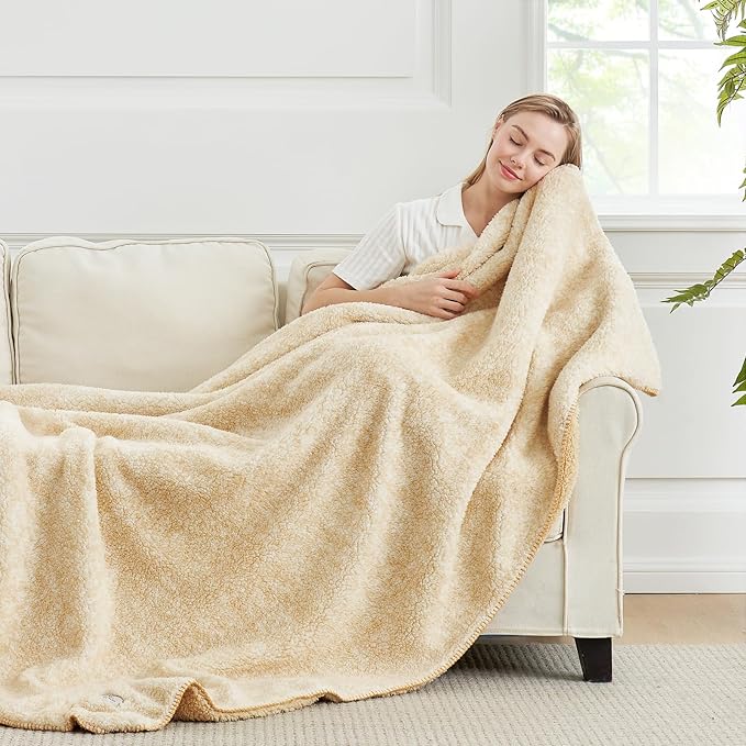 Cozy Bliss Ultra Soft Reversible Double Sherpa Sided Blanket, Fluffy Thick Warm Plush Fuzzy Blanket for Couch, Bed and Gifts (Mottled Beige, 50" x 60")