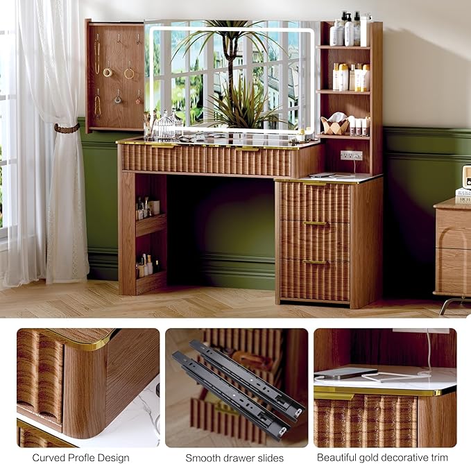 Modern Vanity Desk with Mirror and Lights, 49.2'' Fluted Makeup Vanity Desk with 5 Drawers and Shelves,Dressing Table with Glass Top and Power Outlet for Bedroom,Walnut
