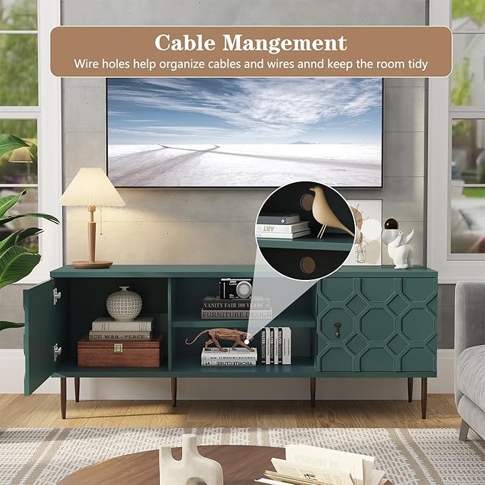 Modern TV Stand for 65/70inch TV, Entertainment Center with Storage Cabinet and Open Shelves, Embossed Pattern TV Stand, TV and Media Console for Living Room, Bedroom, Green