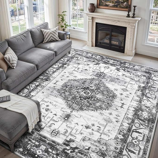Large Washable 6x9 Area Rug, Grey Vintage Floral Rugs for Living Room, Non Slip Low Pile Carpet for Bedroom Dining Room, Thin Indoor Carpet for Office Classroom