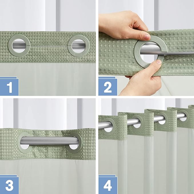 Furlinic Waffle Weave No Hook Shower Curtain with Snap in Fabric Liner Set,Heavy Duty Textured Bathroom Curtain with See Through Window,Waterproof & Machine Washable,Sage Green,71x72 Inch.