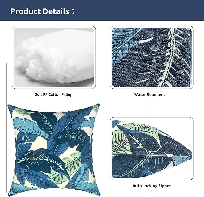 Outdoor Pillows for Patio Furniture 18x18 inch, Square Outdoor Throw Pillows with Inserts, Decorative Toss Pillows for Garden Couch Home Sofa Office Chair, Pack of 2, Swaying Palms Blue