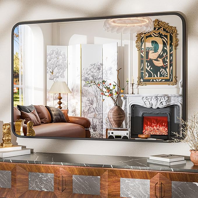 24"×36" Bathroom Mirror for Wall, Modern Bathroom Vanity Mirror, Black Bathroom Mirrors for Over Sink with Metal Framed HD Tempered Glass Hangs Horizontally or Vertically