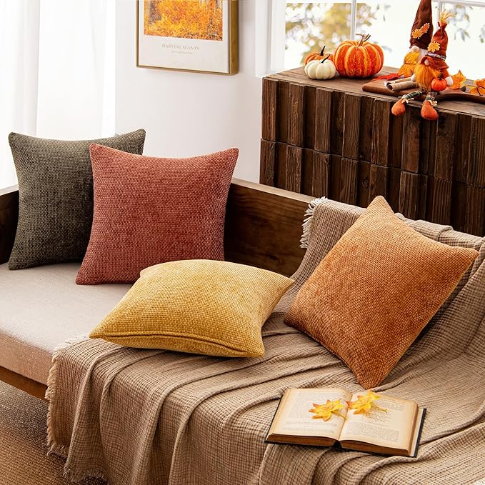 MIULEE Pack of 4 Fall Orange/Yellow Couch Throw Pillow Covers 20x20 Inch Halloween Soft Decorative Chenille Pillows Farmhouse Accent Cushions for Boho Home Decor Spring Sofa Bedroom Living Room