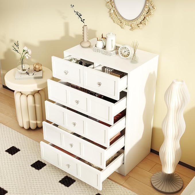 6 Drawer Dresser for Bedroom: 24" Fluted White Dresser Deep Drawers, Modern Chest of Drawers for Bedroom, Fluted Wood Dressers for Living Room, Hallway
