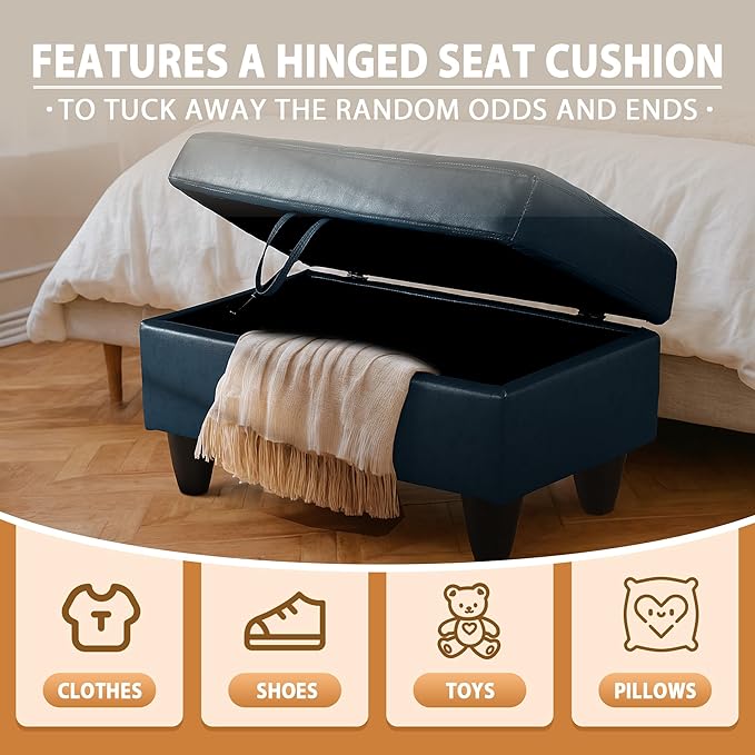 Ottoman Rectangular Storage Ottoman Bench, Faux Leather Footrest, Coffee Table, Stool Footstool with Hinged Lid for Living Room, Bedroom, Entryway, Dark Blue, 35"x23.5"x17.5"