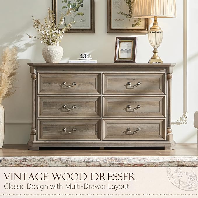 Yechen 6 Drawer Solid Wood Dresser for Bedroom,Storage Dressers Organizer, Vintage Farmhouse 6 Drawer Dresser for Bedroom,Heavy Duty Rustic Chest of Drawers for Living Room(Light Rustic Oak)
