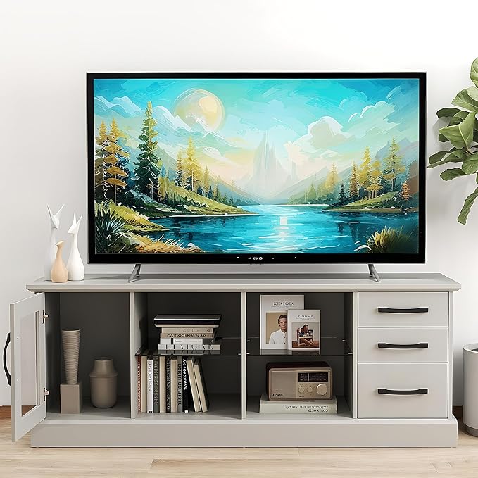 Giantex Farmhouse TV Stand for 73 Inch TV, Wood TV Console Table w/Removable Glass Shelves, Cable Management Holes & Drawers, Rustic Entertainment Center with Storage for Living Room, Bedroom, Grey