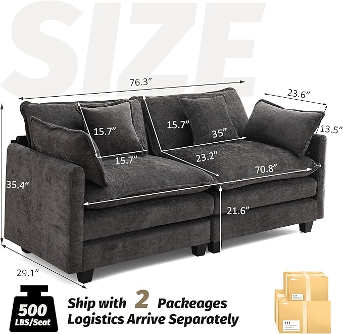 76'' Cloud Deep Seat Loveseat, Upholstered Chenille Modular 2-Seats Sectional Sofa Couch, Modern Comfy Settee Loveseat for Living Room Set, Small Apartment, Dark Grey