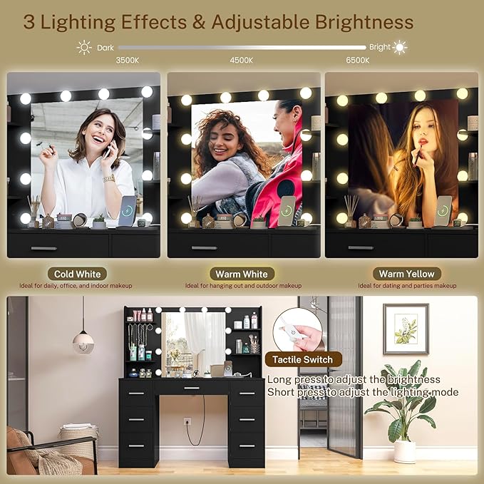 Large Makeup Vanity, 42.1" Vanity Desk with Mirror and Lights, Makeup Vanity Table with 7 Drawers, 4 Shelves, 5 Jewel Hooks & Power Strip, Vanity Desk Set for Bedroom, White