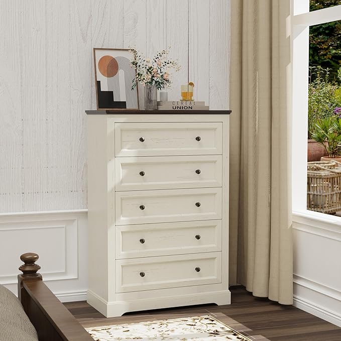 Farmhouse Dresser 5 Drawer, Bedroom Chest of Drawers, Dressers with 5 Drawers, Wooden Dressers for Bedroom, Living Room, Tv Stand, Entryway (Off White-5 Drawers)