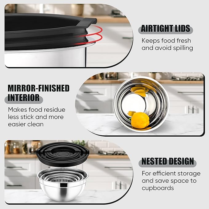 P&P CHEF Mixing Bowl with Airtight Lid Set of 5, 10-Piece Stainless Steel Nesting Salad Bowl Set for Prepping, Mixing and Serving, Size 4.6, 3, 1.5, 1, 0.7 QT, Rimmed Edges & Flat Base, Black